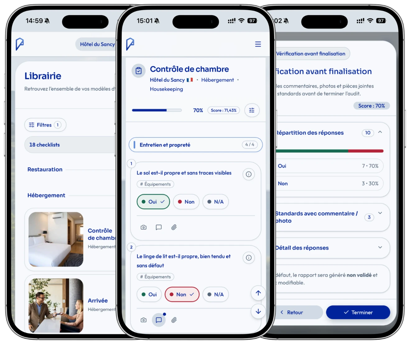Processus d’audit Point Audit présenté sur trois téléphones